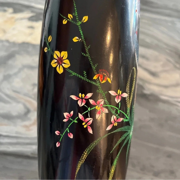 Vintage Lacquered Vase Black Wood Japan Birds Flowers Butterfly 14” - Picture 2 of 10